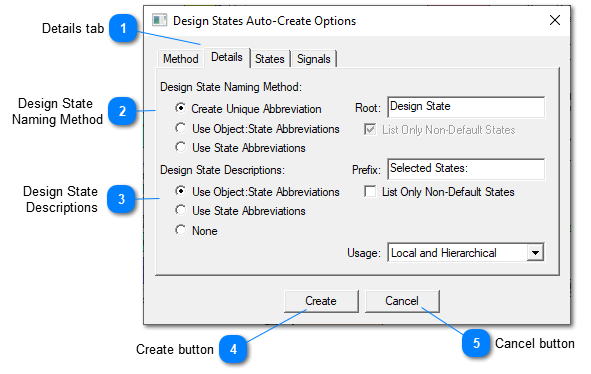 Design States Auto-Create Options Details window