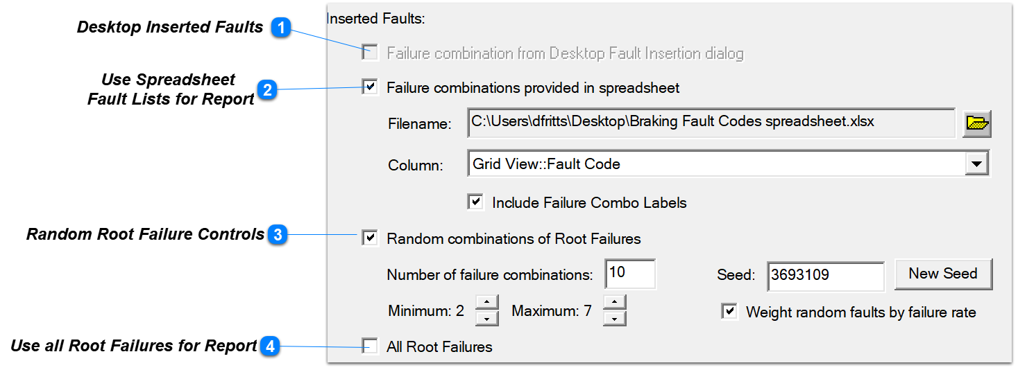Desktop Insertion Report Setup - Inserted Faults Controls