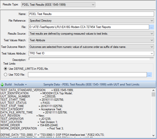 Test results configuration for PDL format showing sample data